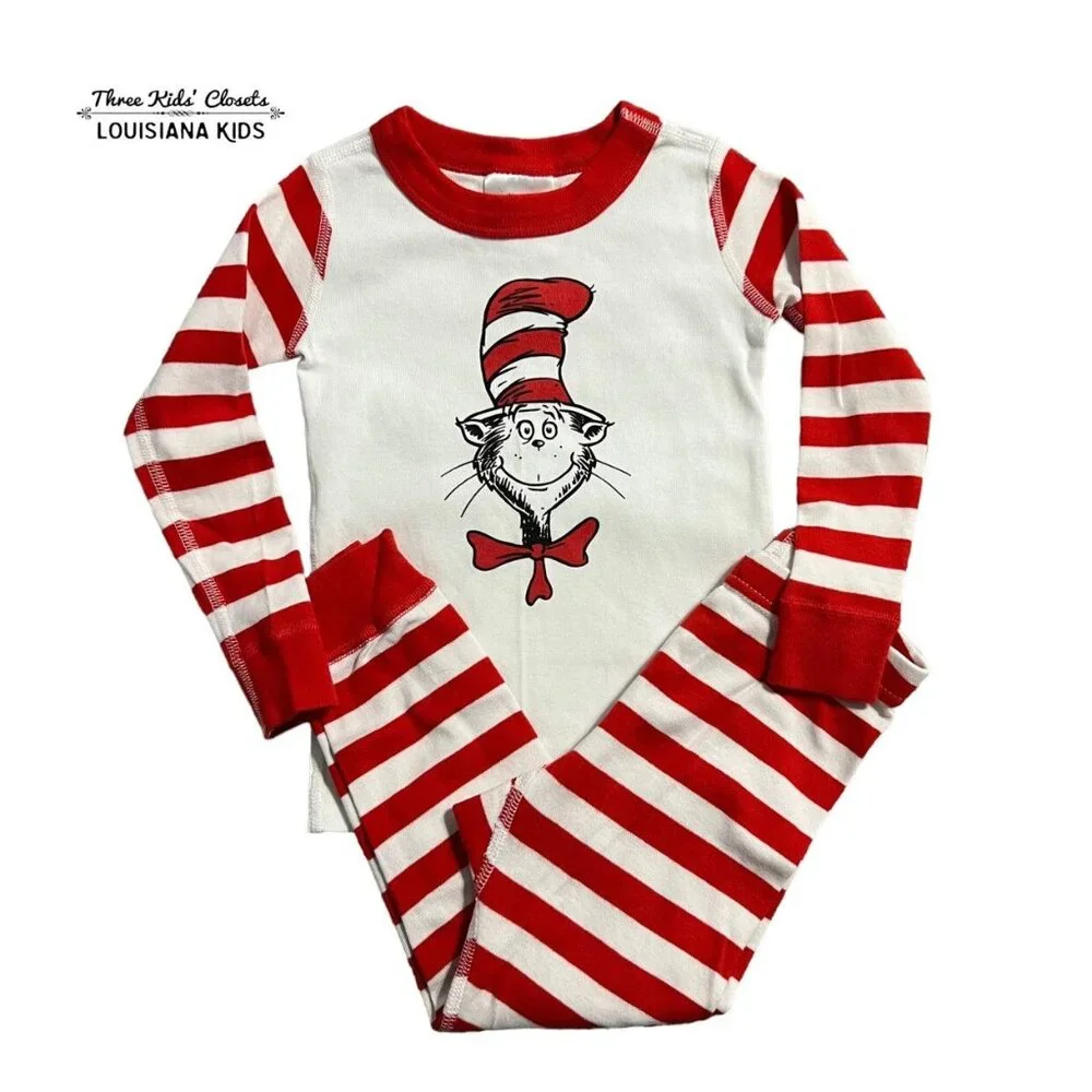 Hanna Andersson Sz 90 (3) Dr. Seuss Cat In The Hat Long John Pajamas